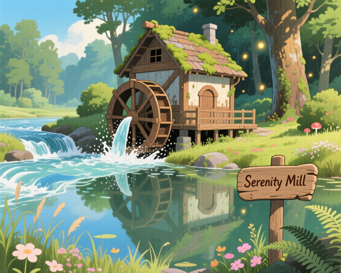 A charming view of a wooden watermill turning beside a rushing stream, reflected perfectly in a still nearby pond.