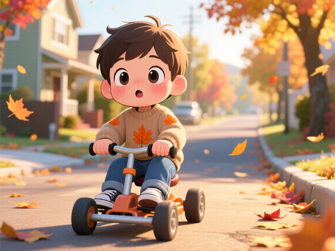 In a sunny suburban street, a small boy is pedaling a tiny go-kart down a hill on a crisp autumn afternoon, bathed in cozy firelight, expression full of gentle surprise. Shot as a close-up portrait.