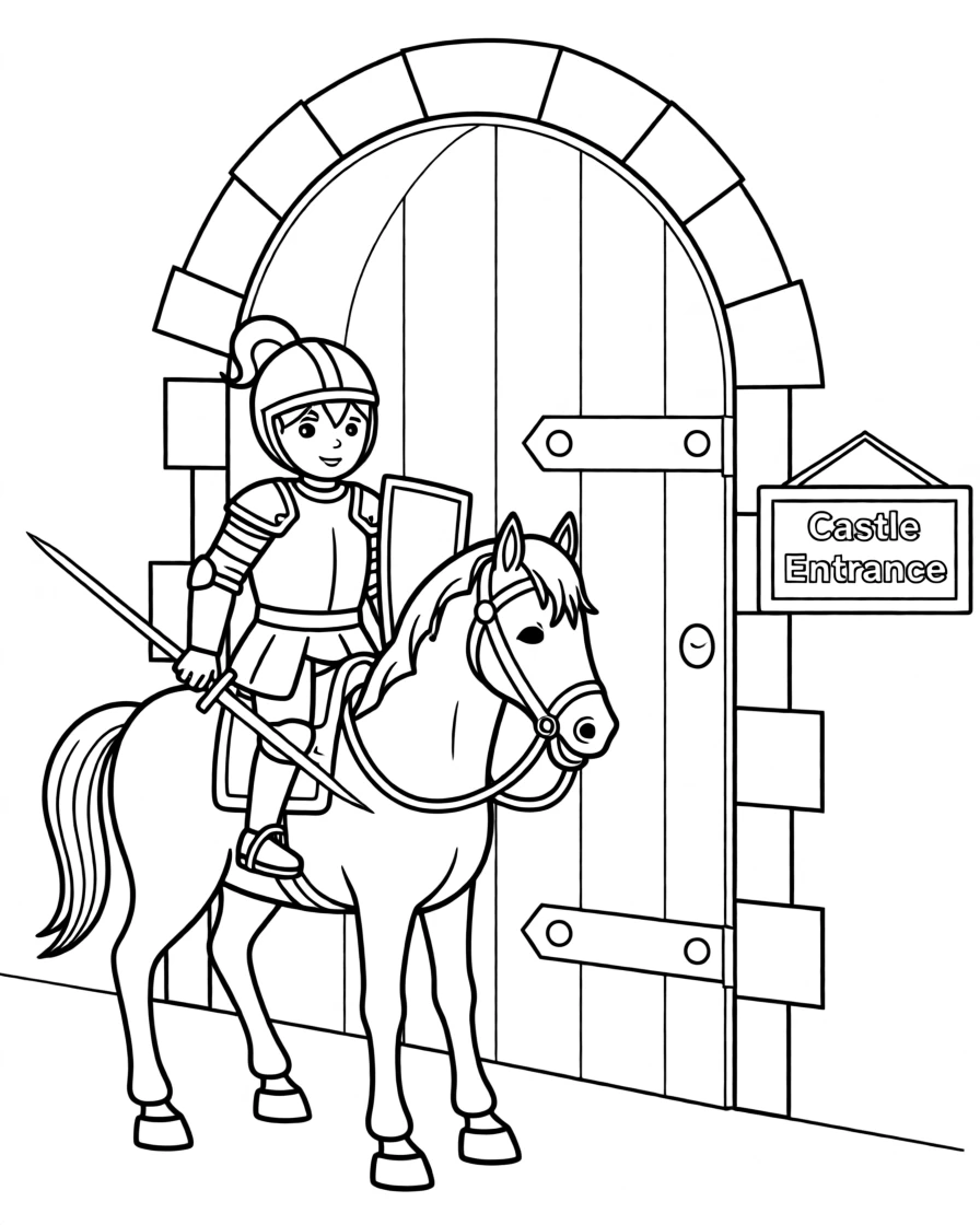 A knight in shining armor riding a horse through a castle gate