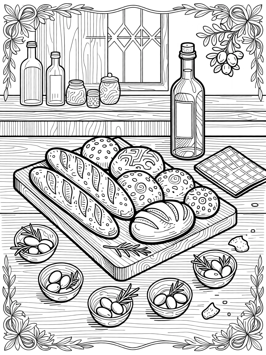 A rustic olive oil tasting scene with bread and small dipping bowls.
