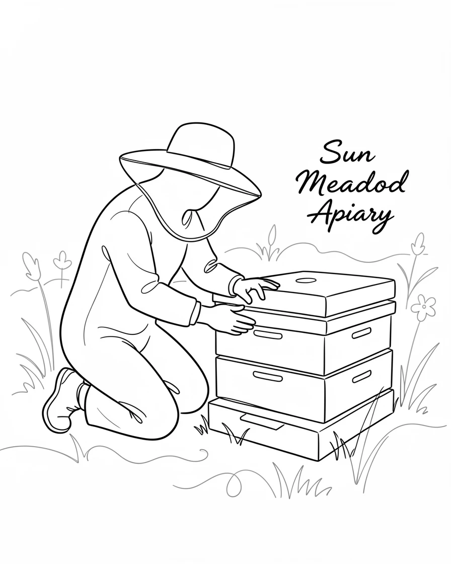 A beekeeper tending to wooden hives in a sunny meadow