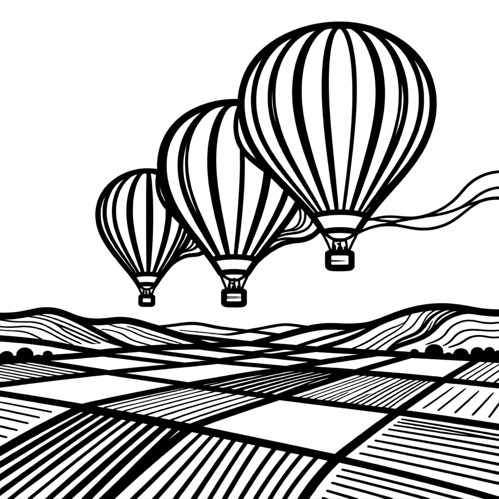 A hot air balloon fleet rising over a patchwork valley at dawn.