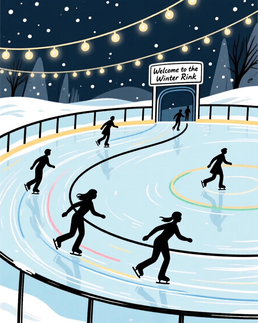 A wintertime ice skating rink glowing beneath string lights at night.