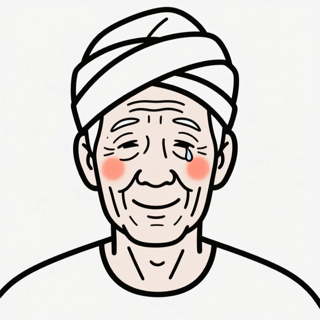 An elderly man wearing a Nigerian gele headwrap, holding back happy tears.