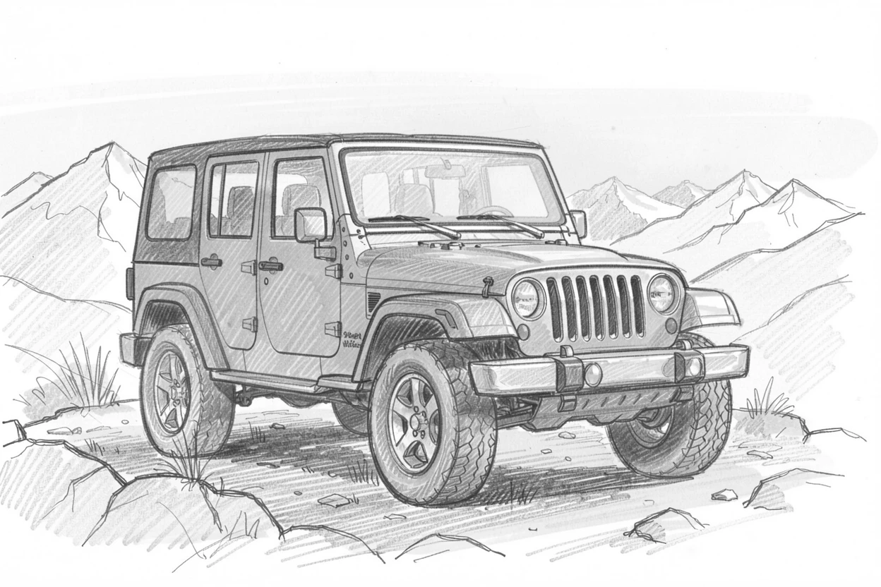 A rugged jeep parked at a mountain overlook, against a backdrop of snow-capped mountains, with golden sunset light reflecting off the chrome.