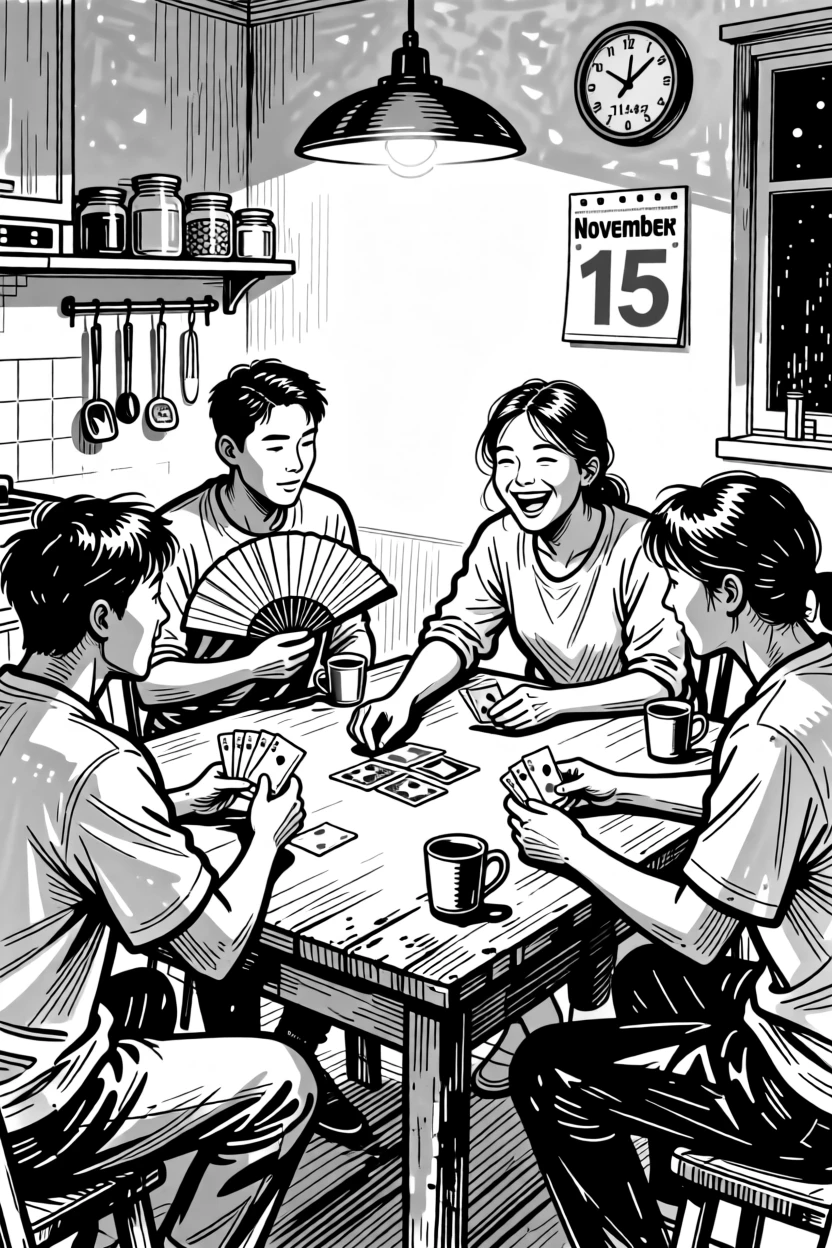 A group of friends playing cards around a kitchen table late at night.
