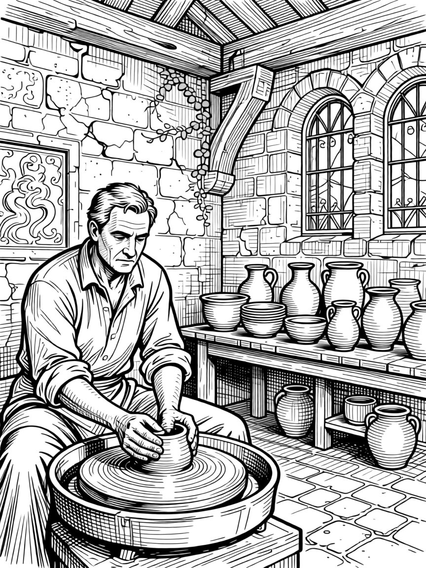 A potter shaping clay at a traditional wheel surrounded by ancient stone architecture, with goods and wares displayed with pride, portrayed in a rich with history historical scene.