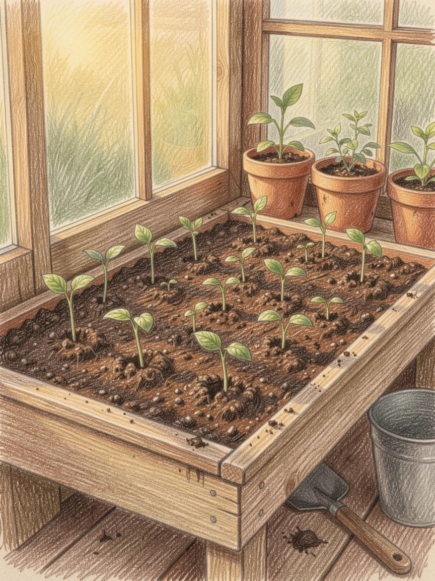 A quiet greenhouse potting bench covered in fresh soil and seedlings, bathed in the warm glow of golden-hour light, capturing a quiet story that lingers with the viewer.