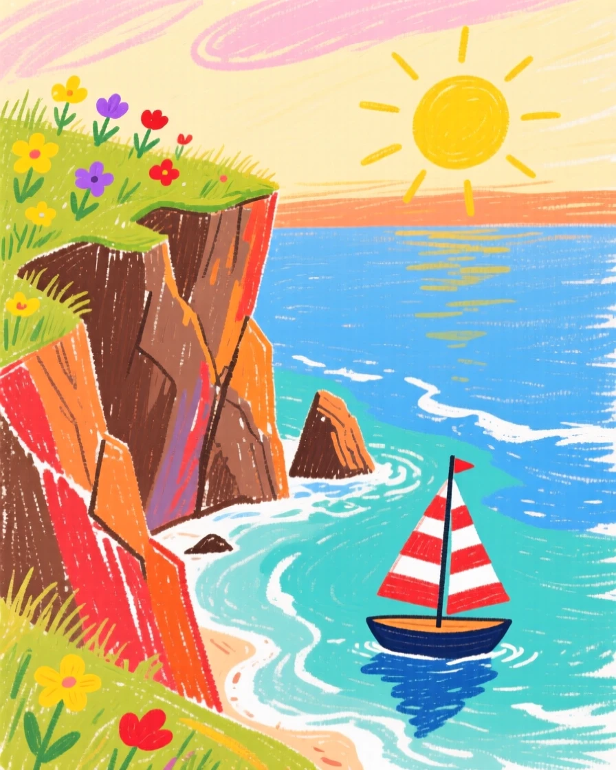A view of a coastal cliff bathed in golden late afternoon sunlight.