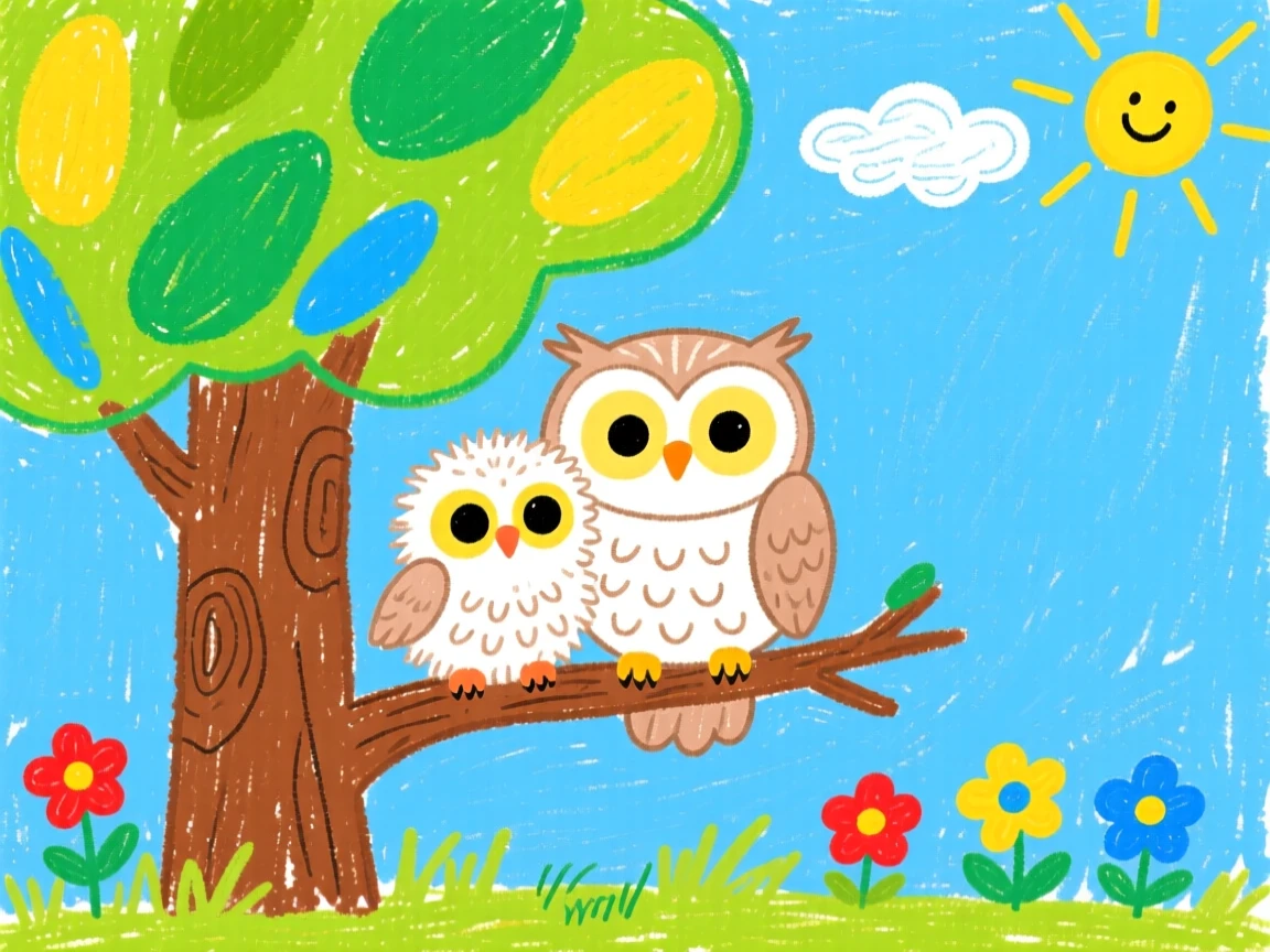 A downy owlet cuddled beside its mother under a shady tree.
