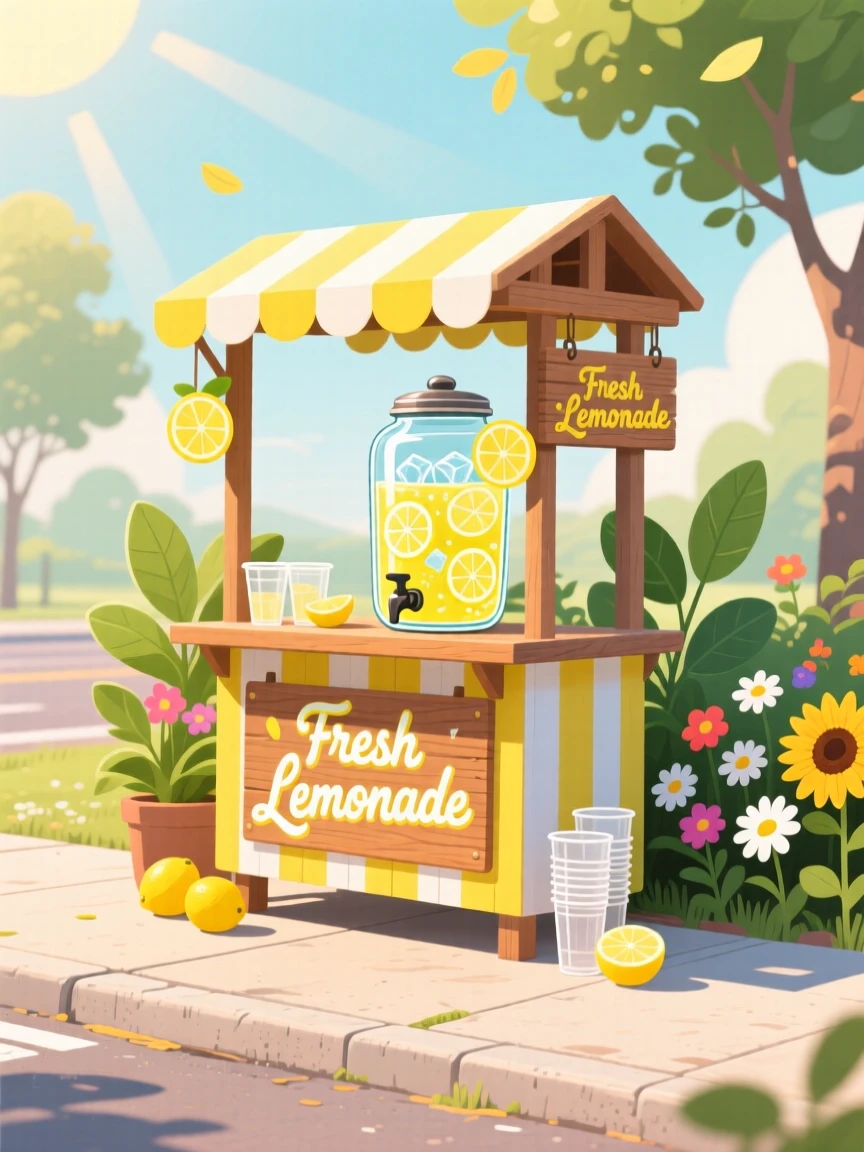 A refreshing lemonade stand set up on a hot summer sidewalk, set against a backdrop celebrating the season's charm, composed to capture the unique charm of the season, with a fresh, crisp atmosphere throughout.
