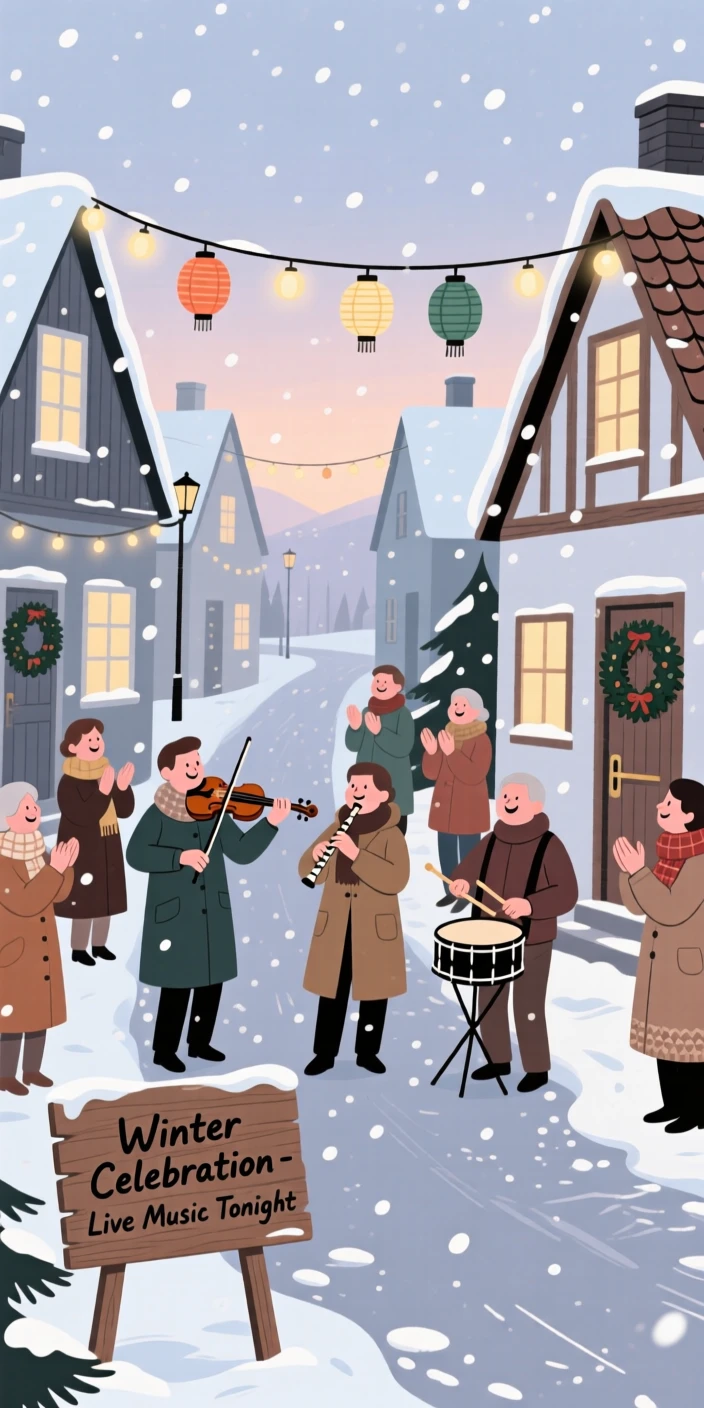A winter celebration with festive music filling a village street.