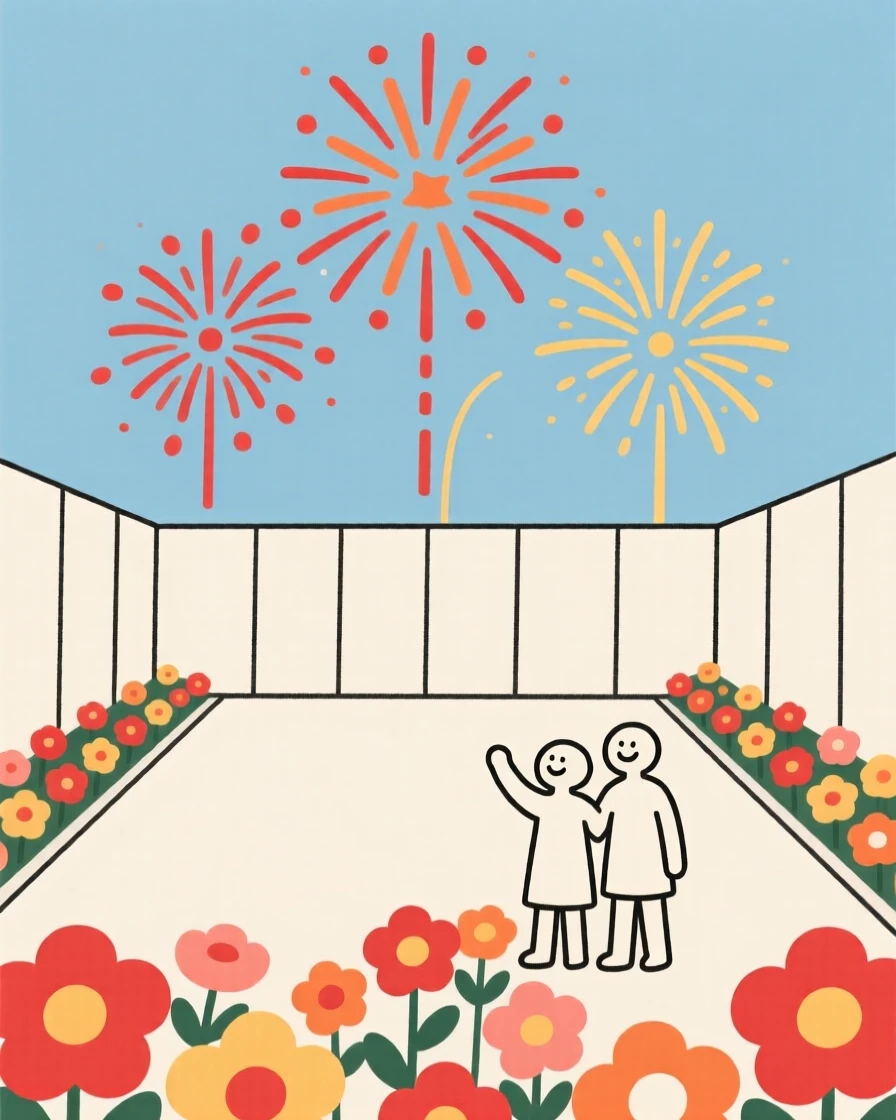 A joyful fireworks display taking place in a flower-filled courtyard, decorated with bursts of fireworks, full of warm togetherness.