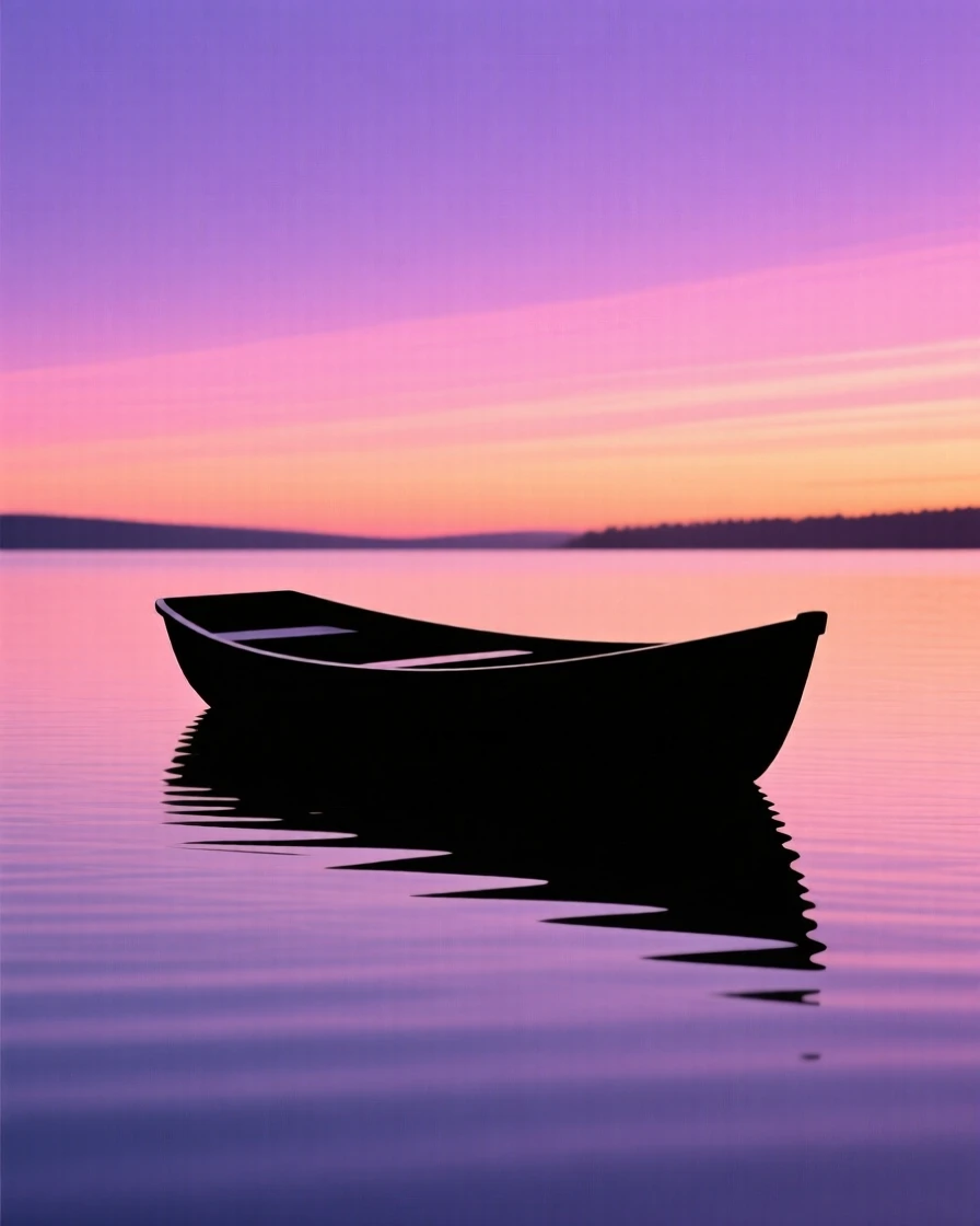 A single rowboat drifting peacefully in the center of a still lake.