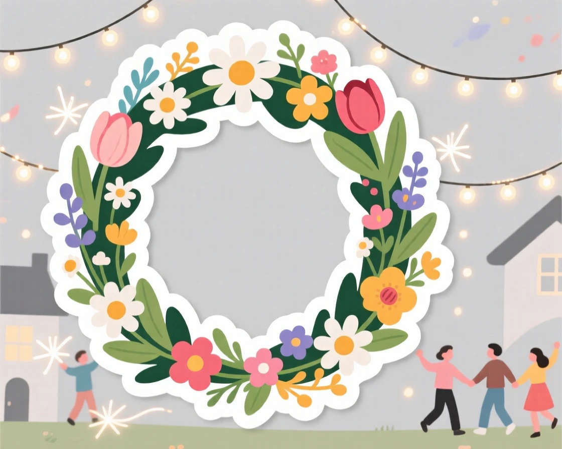 A cheerfully decorated May Day flower crown woven with fresh blooms, surrounded by twinkling fairy lights, as the whole neighborhood celebrates together.