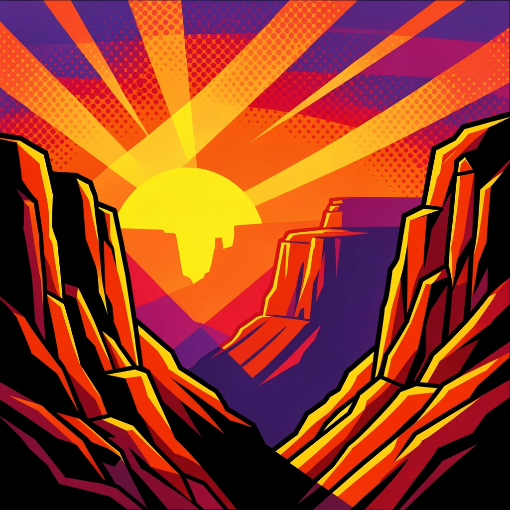 A canyon lit and at sunset