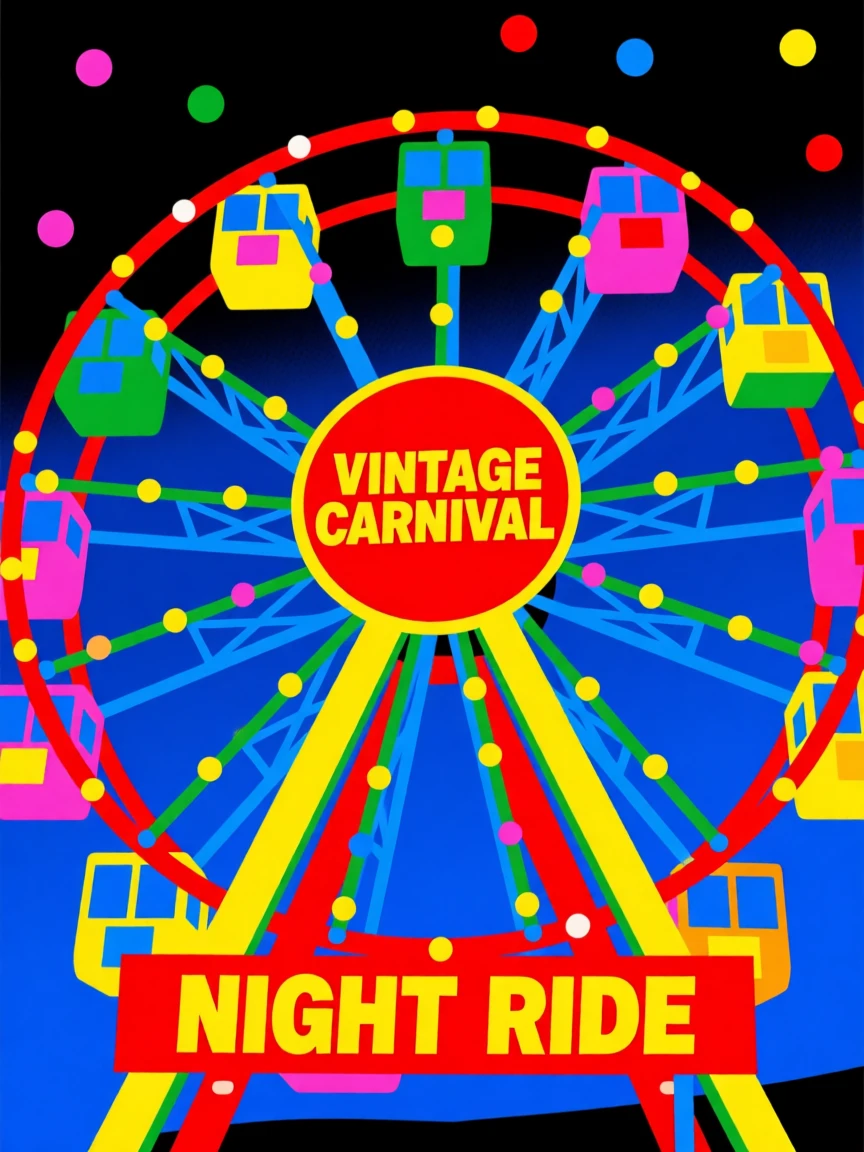 Vintage carnival Ferris wheel lit up at night