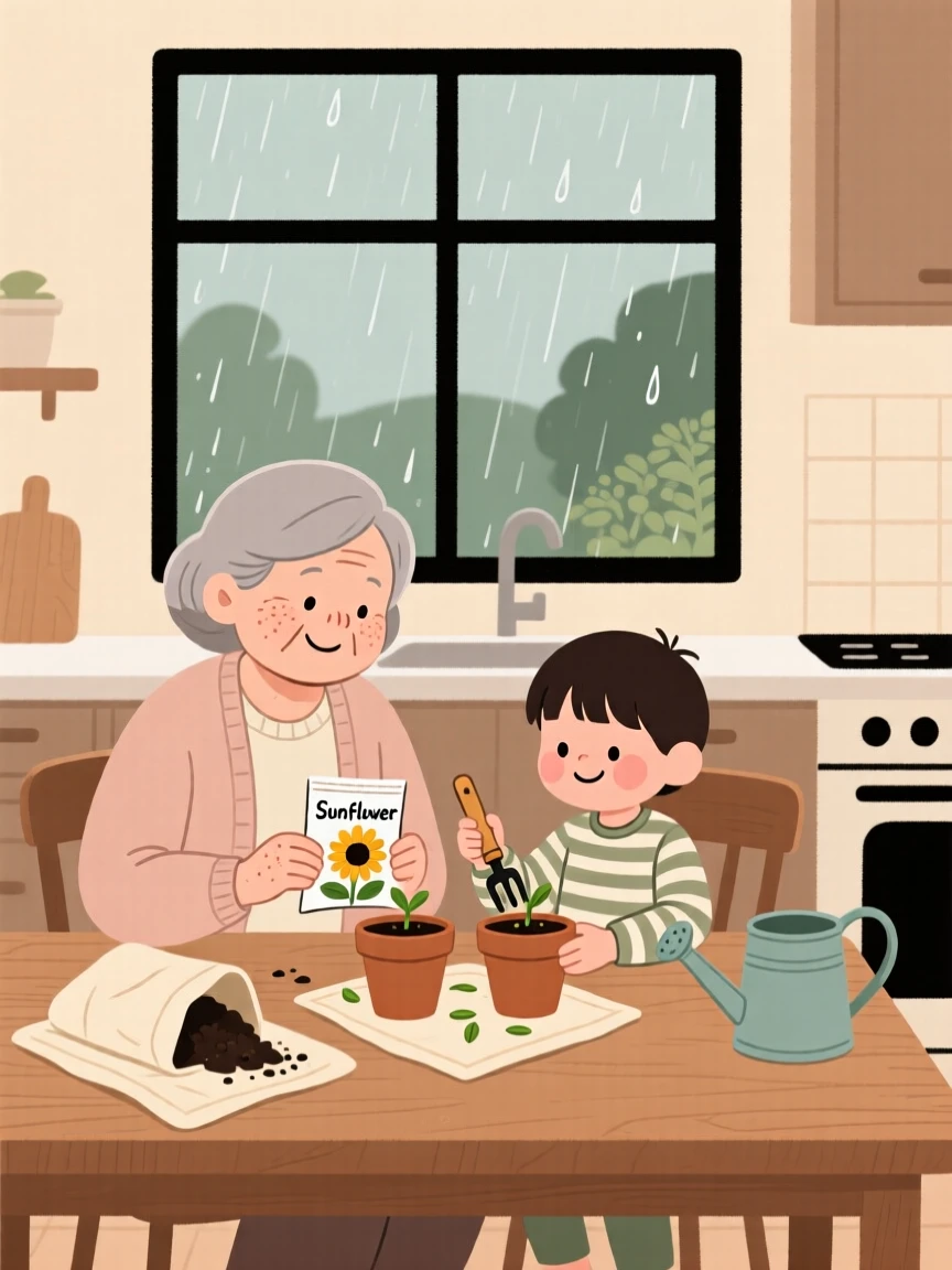 A grandmother teaches a eager grandchild how to plant seeds in small pots at the kitchen table while rain taps gently against the window, both focused and smiling.