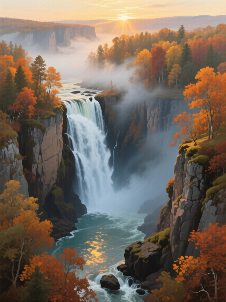 A bird's-eye view of a dramatic waterfall cascading into a misty gorge, in mid-autumn, just after sunrise.
