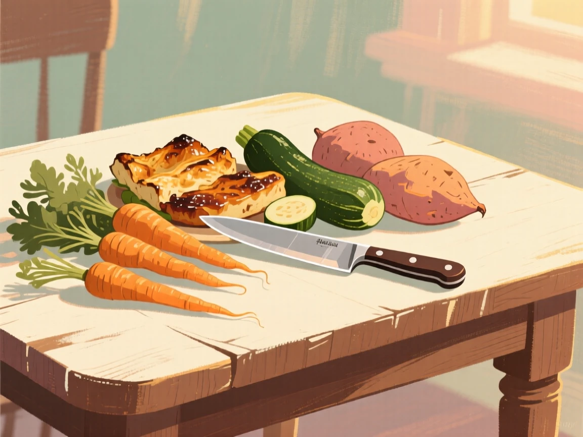 A rustic table set with roasted vegetables and a carving knife