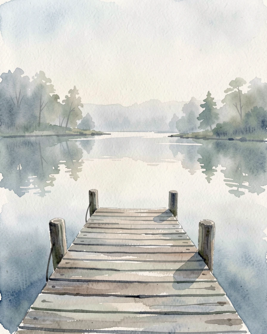 A quiet dock extending into a still, mirror-like lake in a moment of quiet reflection.