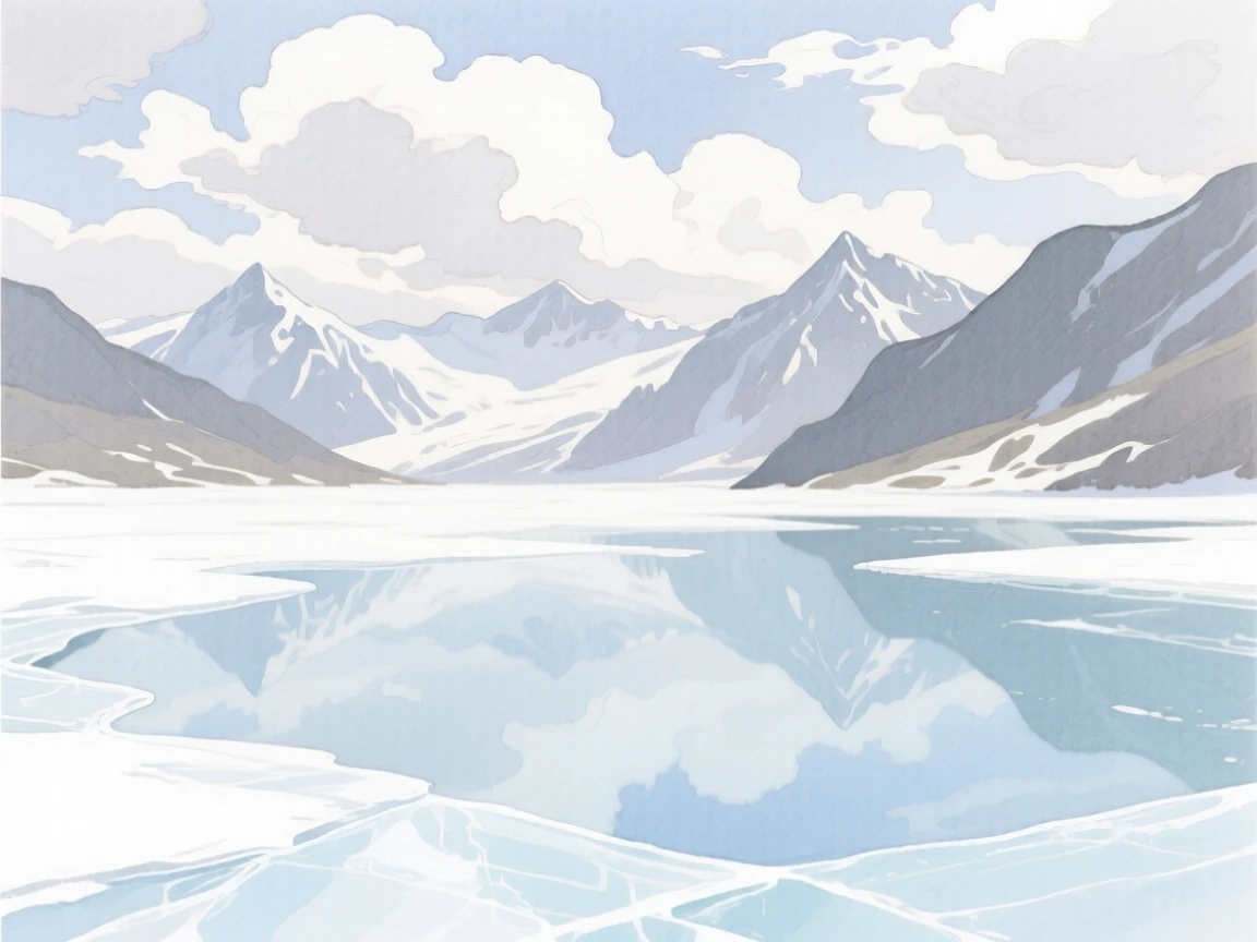 A breathtaking view of a frozen alpine lake beneath drifting clouds, with reflections shimmering across still water