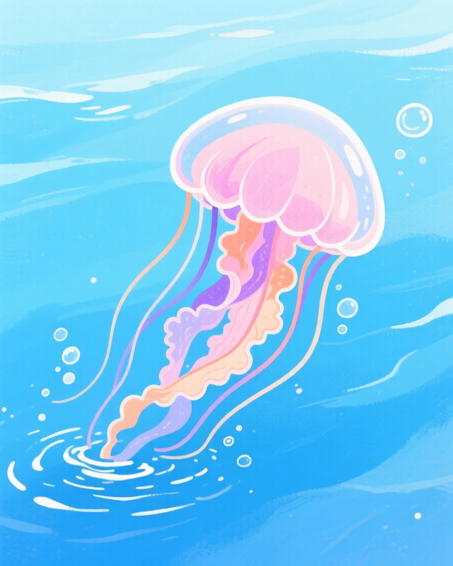 A vivid scene of a jellyfish drifting gracefully through blue water.