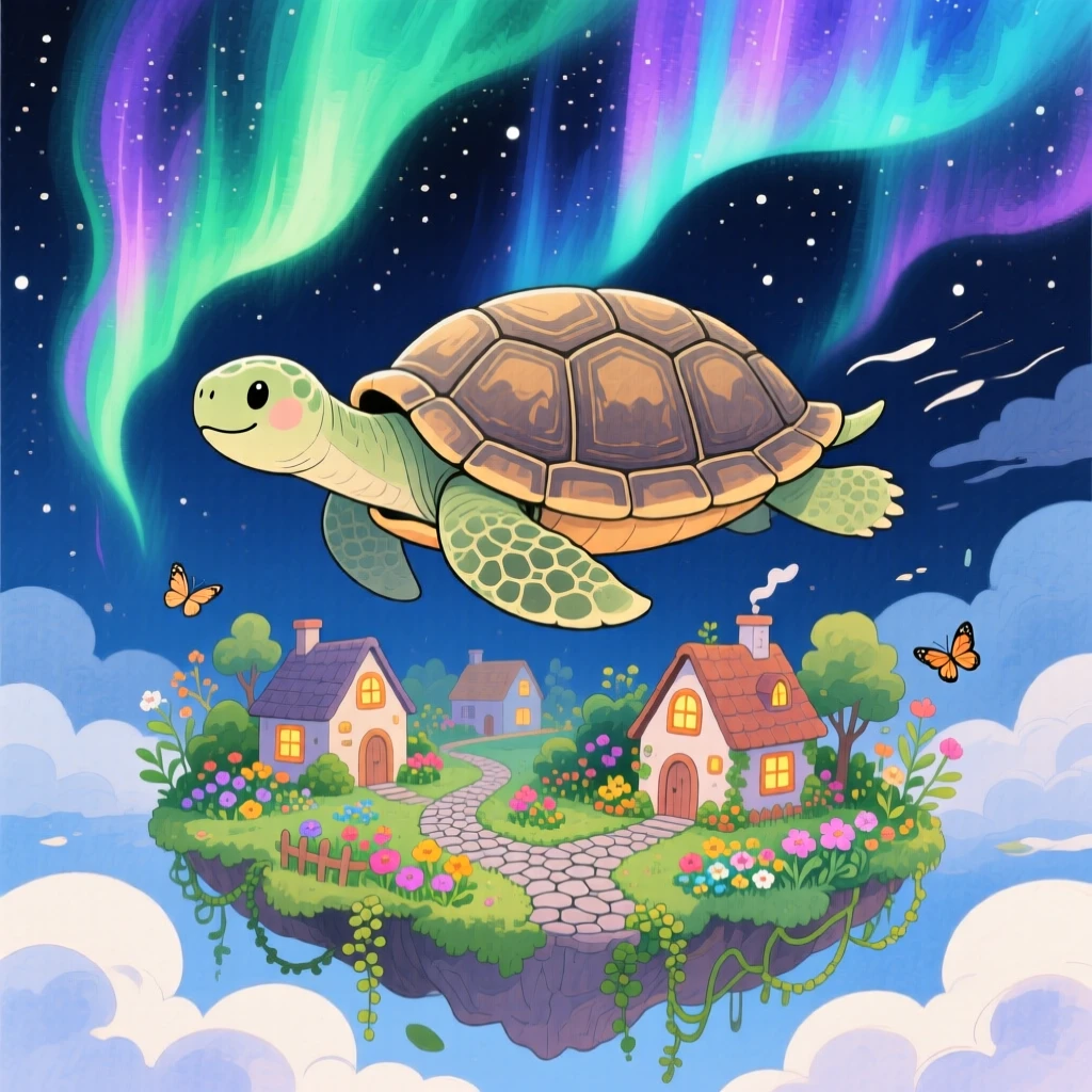 A gentle giant tortoise carrying a village on its back flying through a sky painted with the northern lights, in a floating garden above the clouds, evoking awe and quiet enchantment.