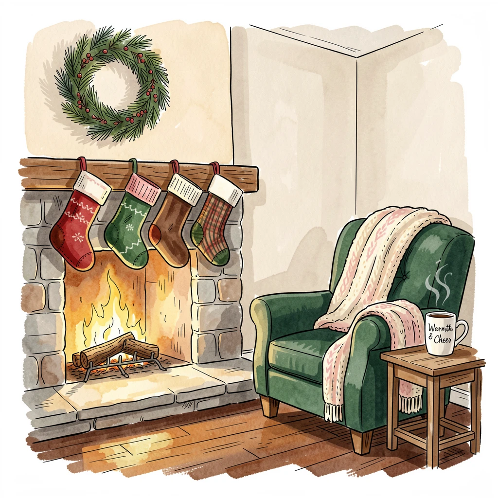 A cozy winter evening with stockings hung and a fire crackling softly, soft light and seasonal color bringing the moment to life.