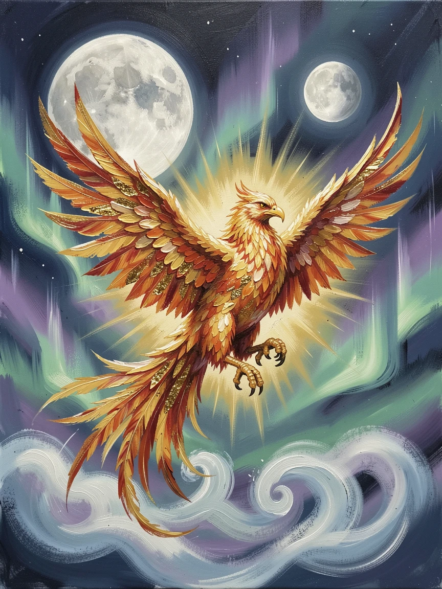 Under a sky streaked with shifting auroras, a phoenix rising in a burst of golden light, beneath a sky filled with twin moons, a gentle mist swirling around its feet.