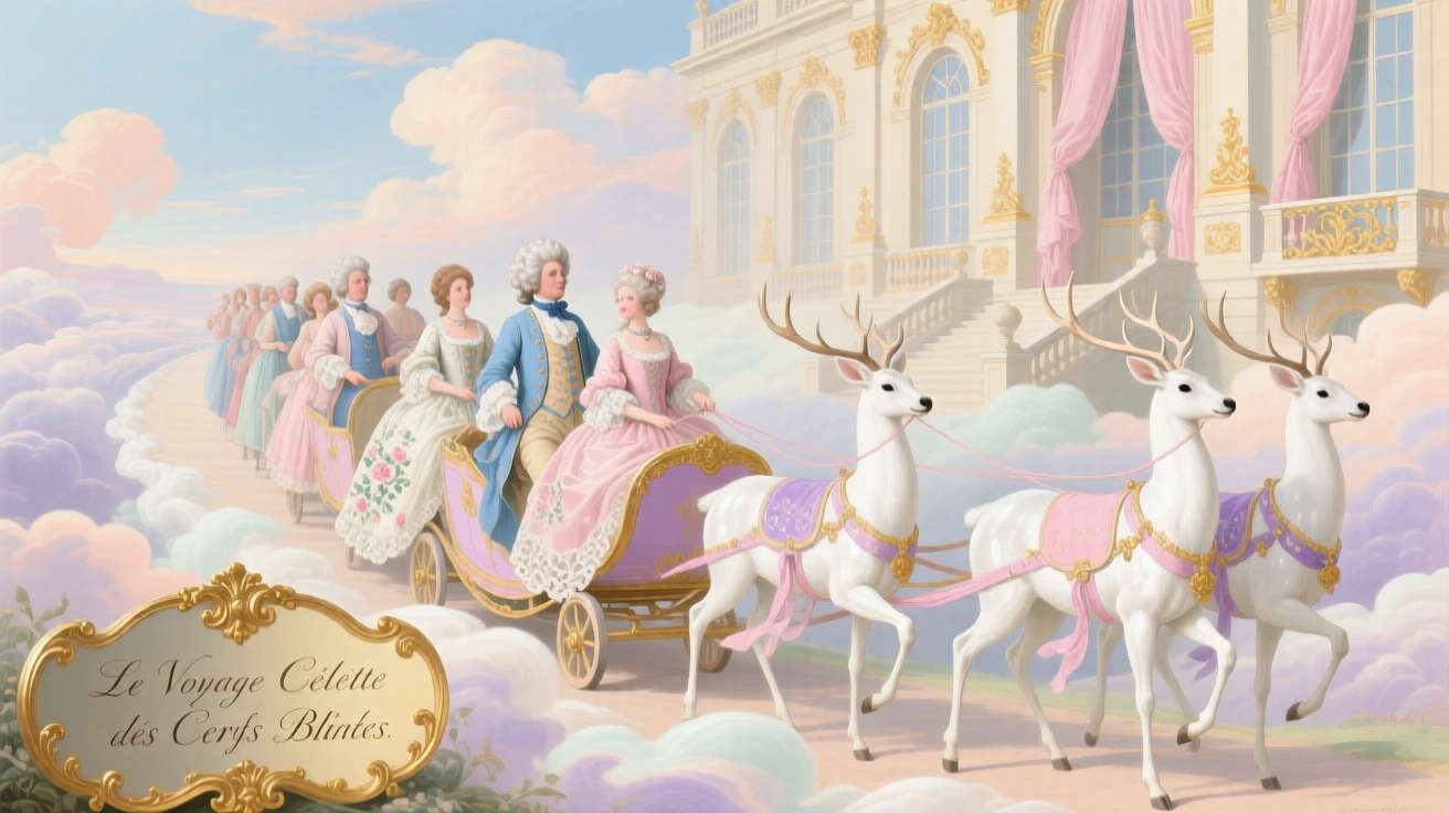 A royal train of white deer carrying guests to a palace in the clouds  