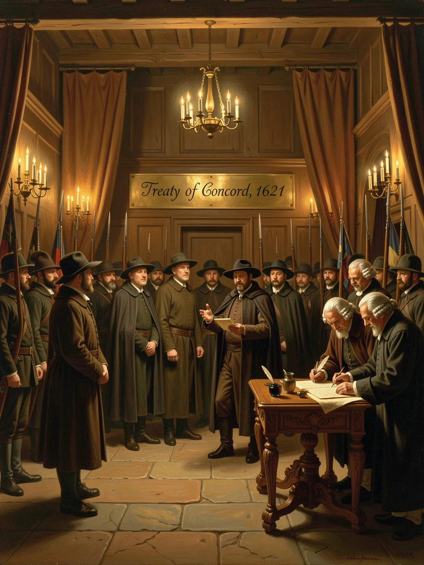 A group of pilgrims addresses his troops before a quiet treaty negotiation in a candlelit hall as scholars record the moment.