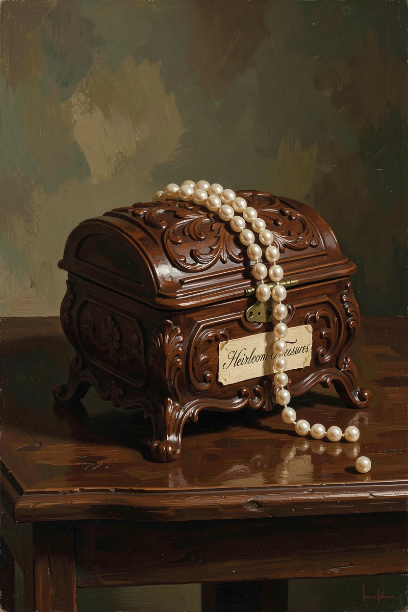 A string of pearls draped elegantly over an ornate jewelry box, with rich, deep colors adding a sense of opulence, capturing timeless beauty through carefully chosen objects