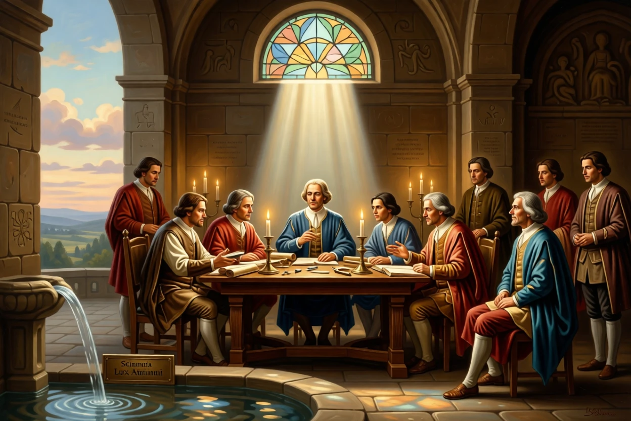 A group of scholars debating the nature of the cosmos by candlelight as ancient wisdom passes gently to the next generation, set beside a sacred spring reflecting the morning sky, with soft, radiant light breaking gently through clouds or stained glass; vertical light from above draws the eye toward transcendence, radiating compassion, faith, and gentle hope.