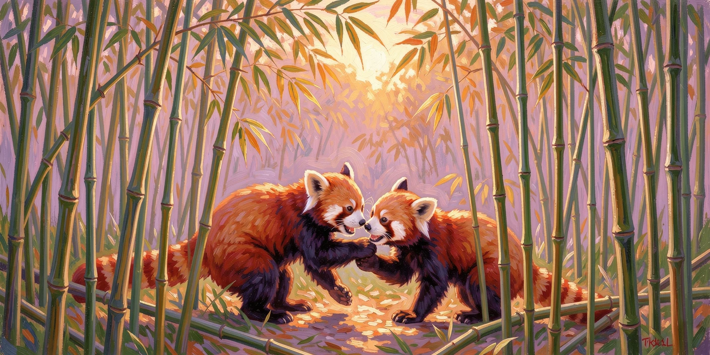A pair of red pandas playing among the branches of a bamboo forest, under a glowing sunset sky.
