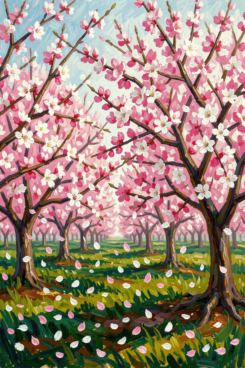 A quiet orchard in full blossom, petals drifting like snow onto the grass below.