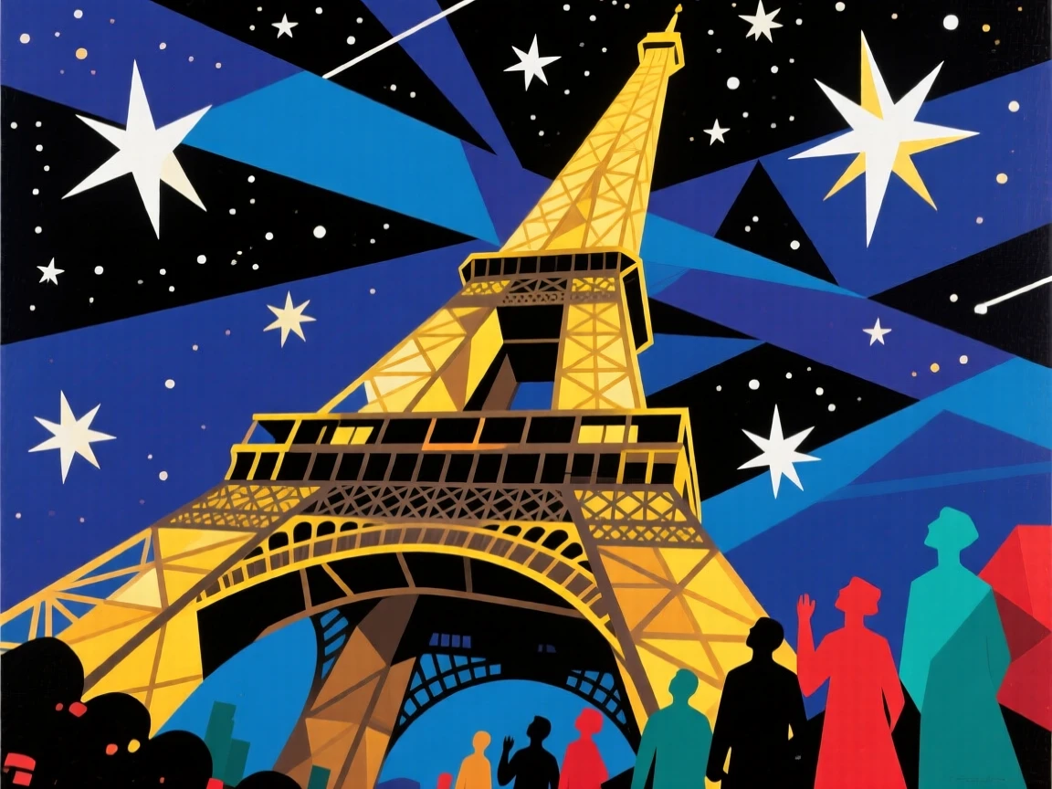 A breathtaking view of the Eiffel Tower, illuminated beneath a starry night sky.