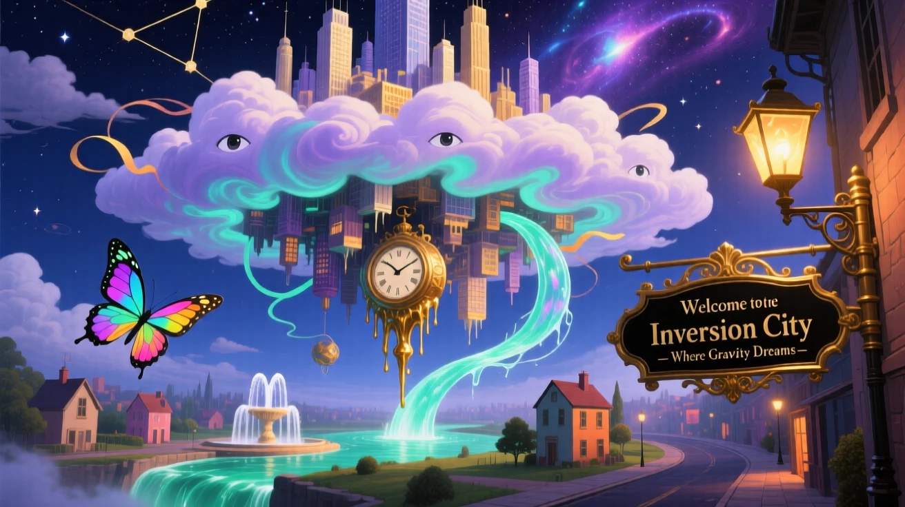 An upside-down city hanging beneath a cloud bank rotates gently around an invisible axis, while streams of water arc upward instead of down.