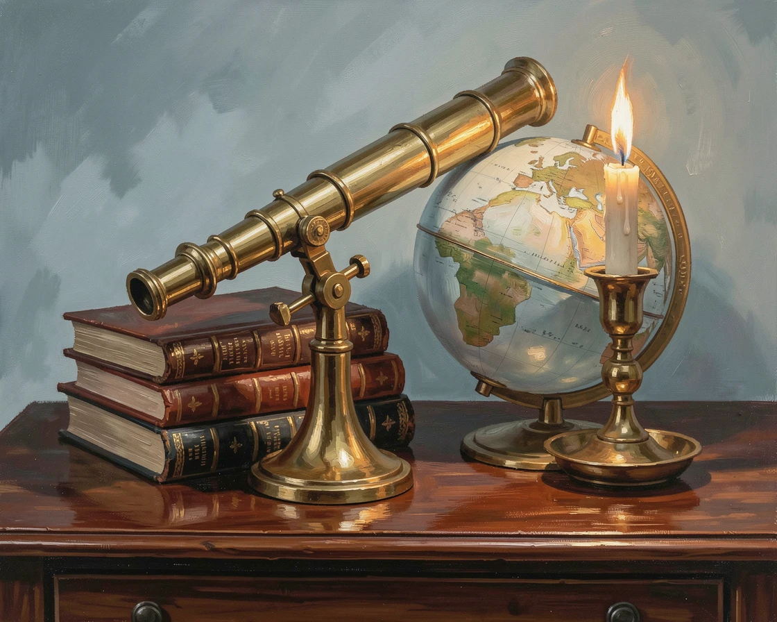 An antique brass telescope sits beside a stack of leather-bound books and a globe on a mahogany desk, candlelight flickering warmly nearby, the air carrying a faint mist that softens distant shapes without obscuring the overall view.
