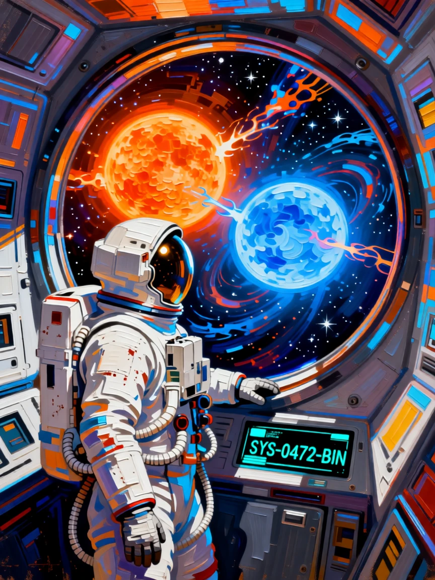 An astronaut gazing out at a binary star system from an orbital viewport