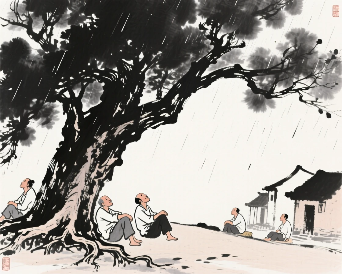 Villagers rest in the shade of a banyan tree during the midday heat, beneath a sky heavy with the promise of rain.