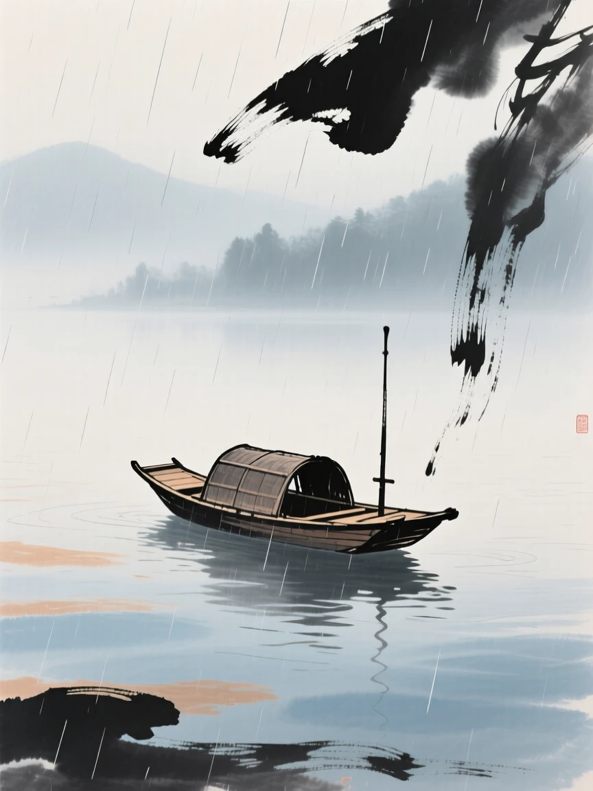 A single boat drifting alone on a vast, mist covered lake, through a curtain of fine rain, carrying a mood of wistful nostalgia.