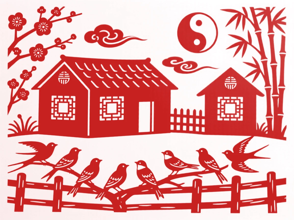 A Spring scene of a quiet farmyard at day's end, birds gathering before their seasonal journey.