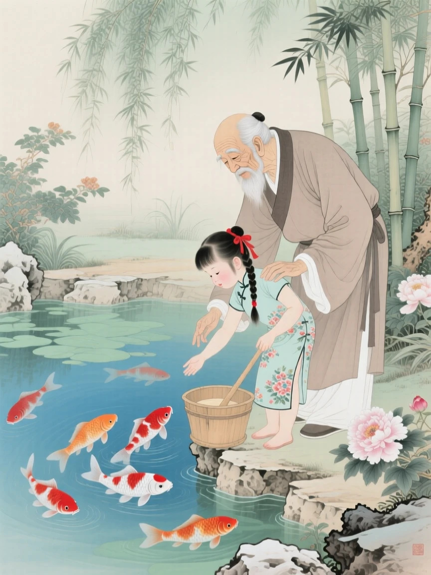 A grandfather and granddaughter feeding fish together at a garden pond