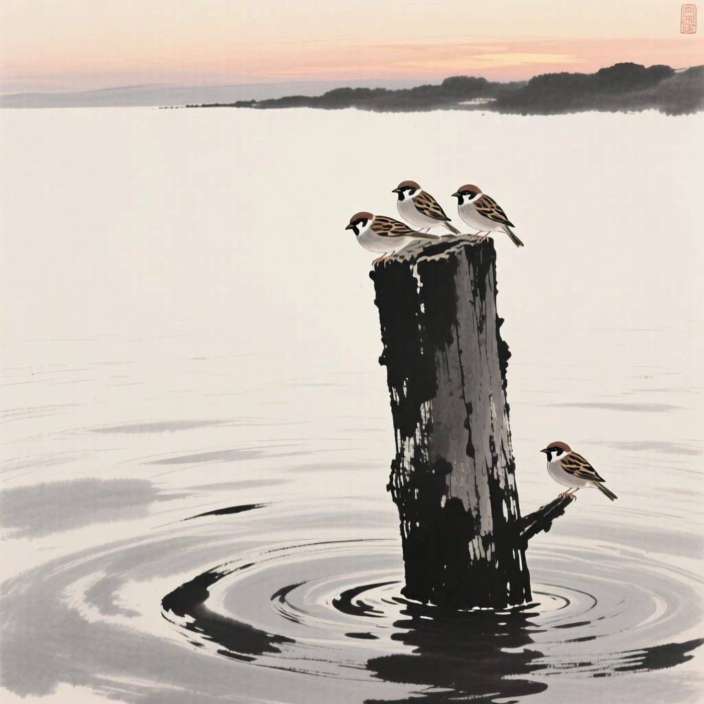 A flock of sparrows resting on a weathered wooden post over rippling water at dusk, positioned in one corner, leaving airy negative space, capturing a fleeting moment of natural beauty.