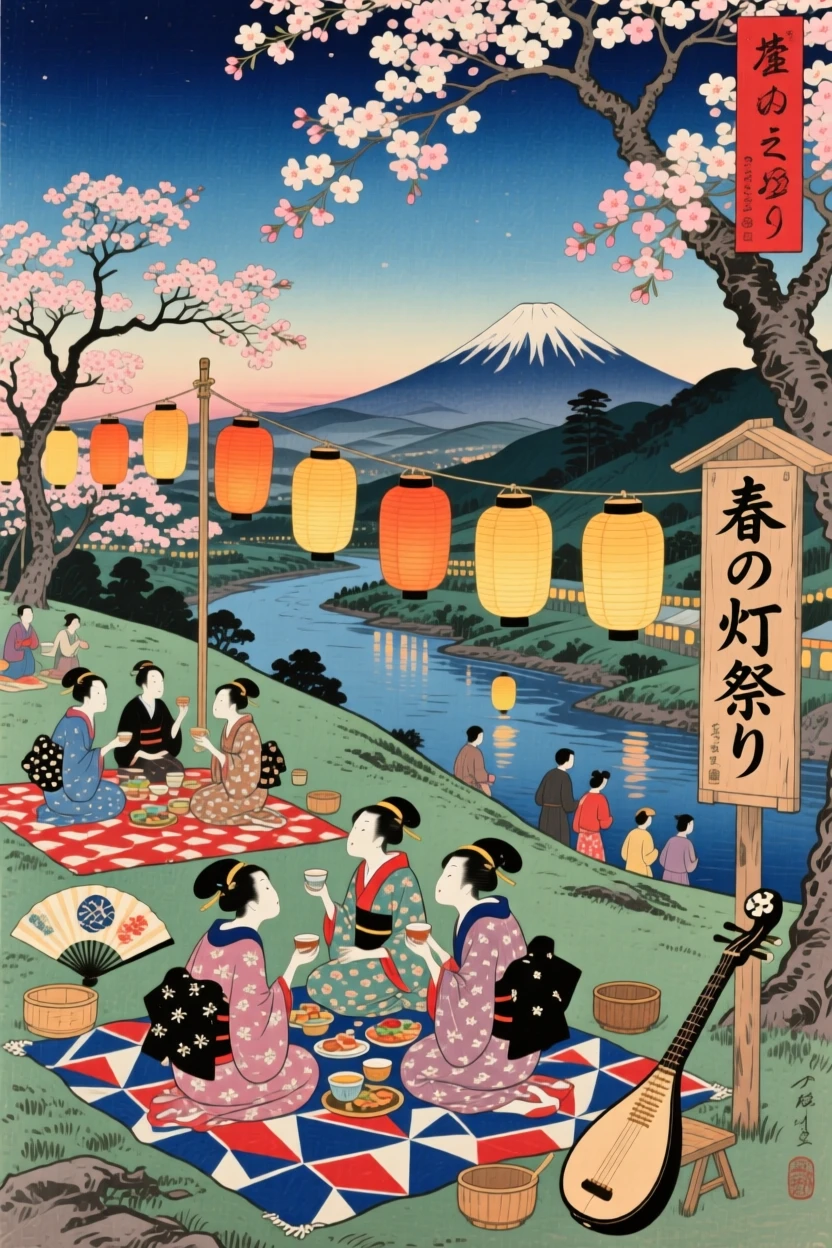 A lantern festival spread on picnic blankets beneath blooming trees.