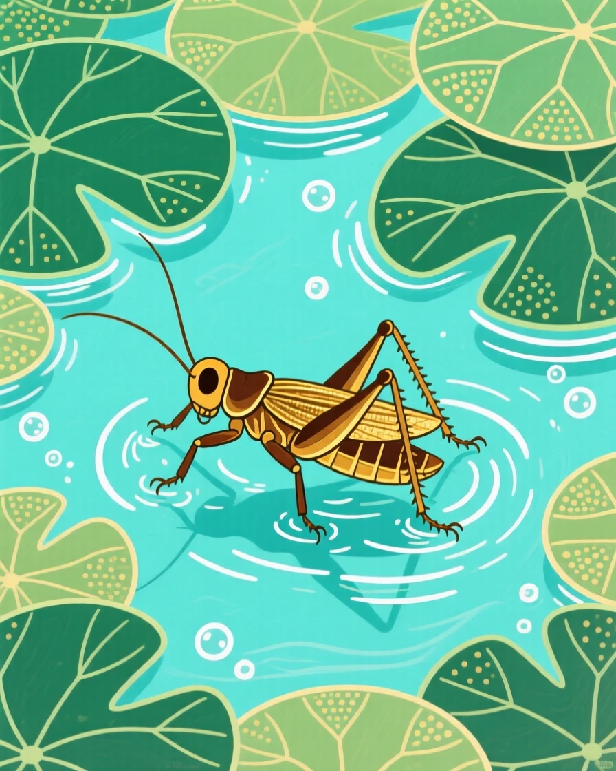 A cricket gliding through clear water beneath lily pads.