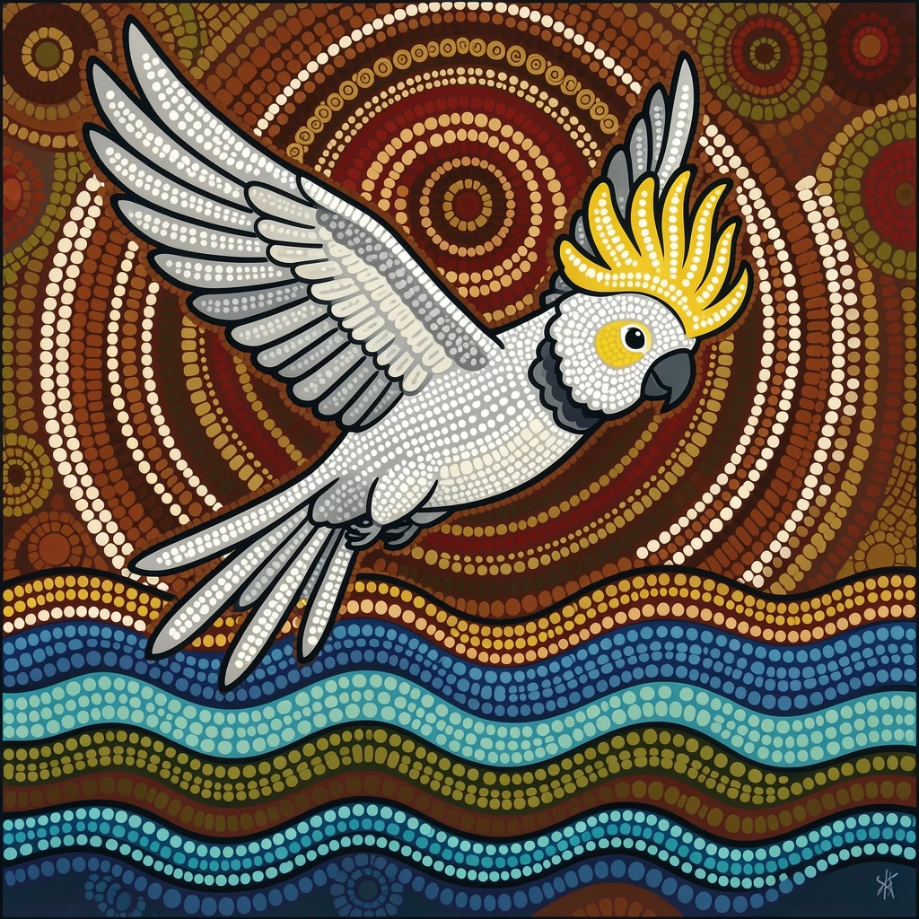 A sulphur-crested cockatoo diving toward the water below