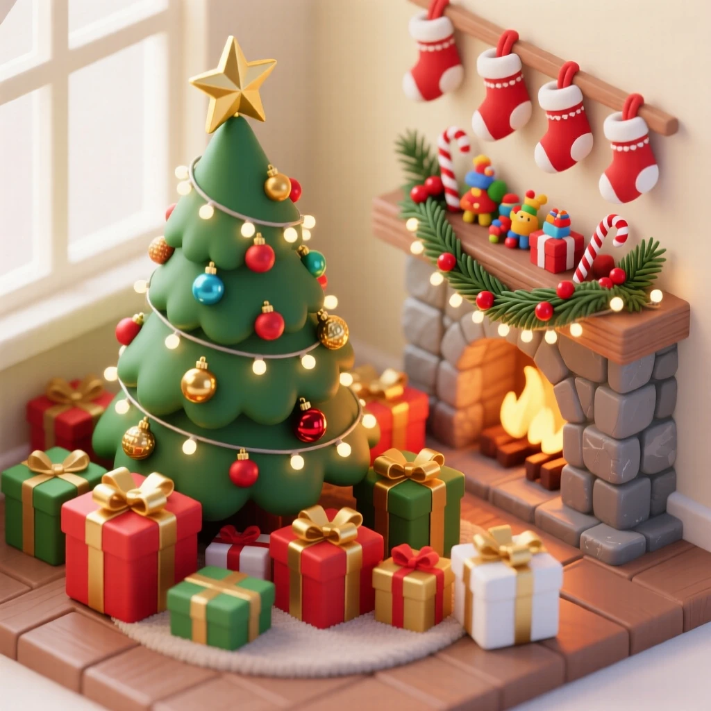 A Christmas morning scene with a decorated tree surrounded by wrapped presents, stockings overflowing, and a fire crackling.