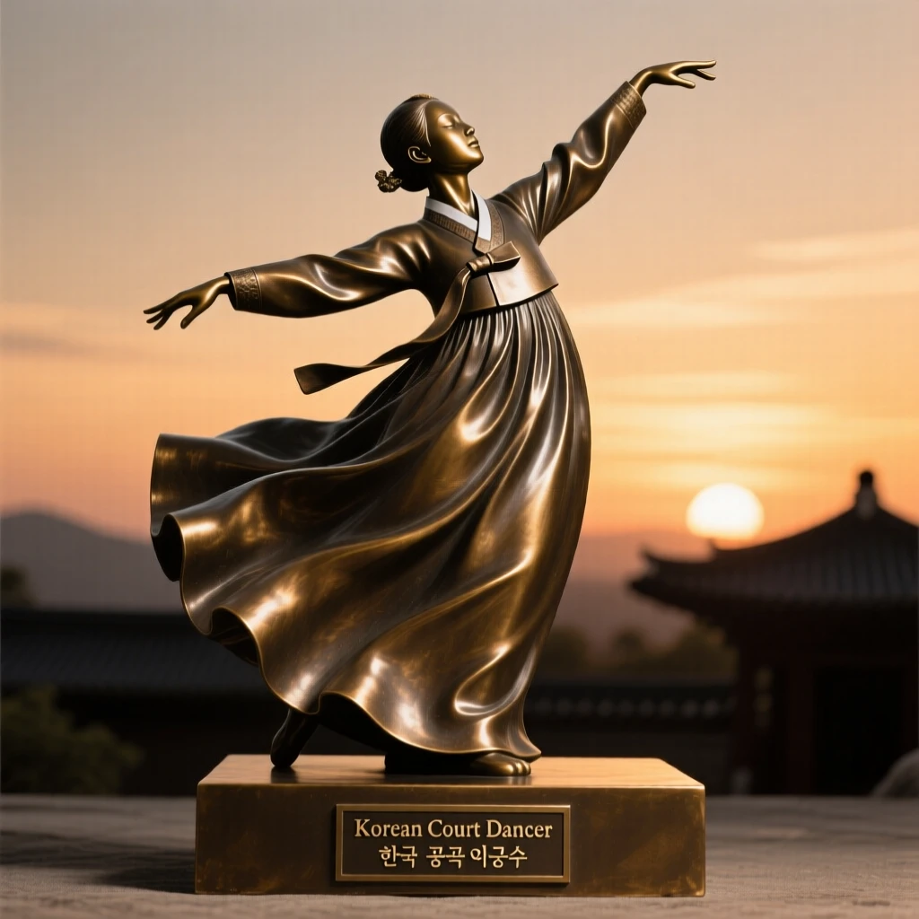 A korean court dancer in flowing hanbok silk, silhouetted against a glowing horizon, forming a strong central focal point
